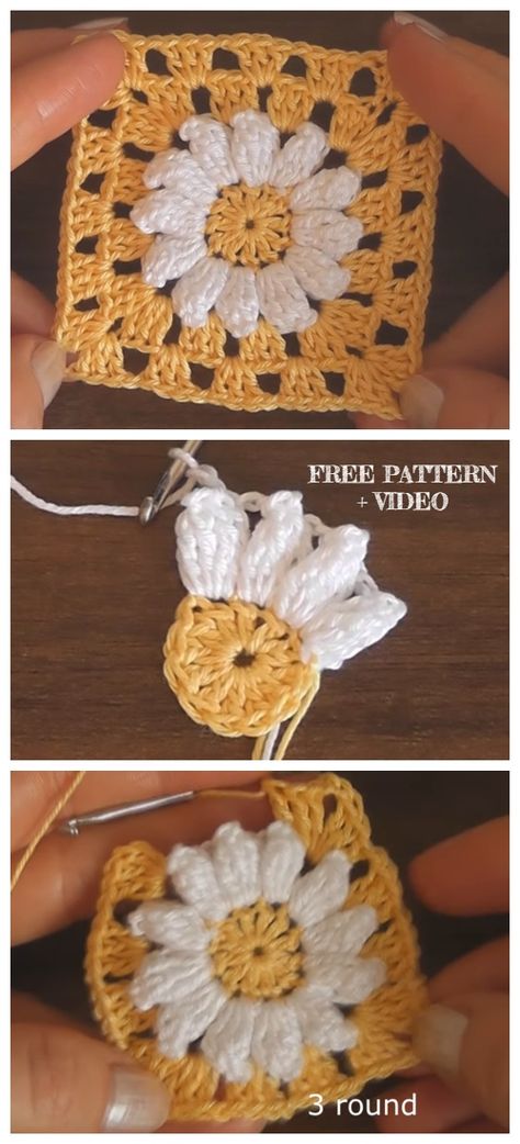 Crochet Daisy Granny Square Free Crochet Patterns + Video Granny Square Häkelanleitung, Granny Square Crochet Patterns Free, Mode Crochet, Pola Amigurumi, Crochet Daisy, String Theory, Crochet Sunflower, Scarf Knitting, Crochet Granny Squares