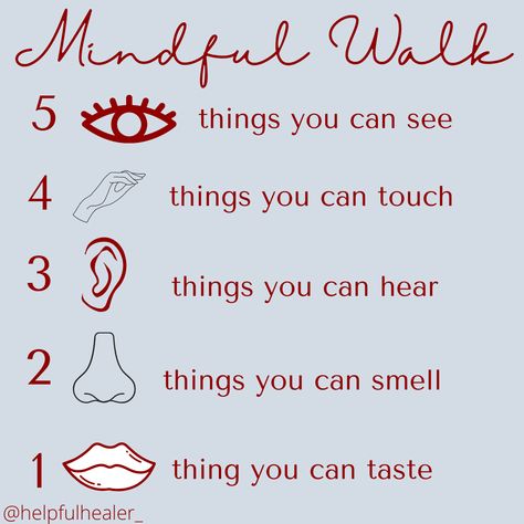 Using 5 senses to build mindfulness during your walks Grounding With 5 Sense, 5 Senses Mindfulness, 5 Senses Mindfulness Activity, 5 Senses Coping Skills, 5 Senses Grounding, 5 Senses Meditation, 5 Senses Grounding Exercise, 5 Senses Writing, Transpersonal Approach