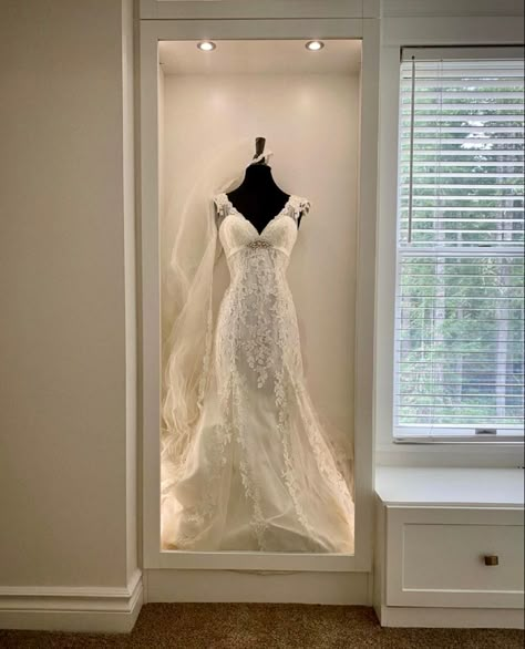 Walk In Closet Wedding Dress Display, Wedding Dress In Closet, Dress Preservation Ideas, Heavenly Wedding Dress, Closet With Wedding Dress Display, Display Wedding Dress, Wedding Dress Closet Display, Wedding Dress Display At Home, How To Display Wedding Dress