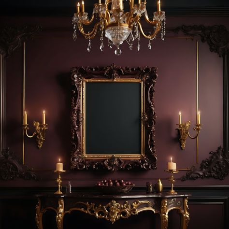 Transform your space with the exquisite charm of our Dark Mahogany Baroque Frame, a perfect blend of Gothic elegance and Baroque sophistication. Whether you're looking to add a touch of vintage grandeur to your home decor or display your most cherished memories, this frame is designed to captivate and elevate any setting. ✨ Why You'll Love Our Dark Mahogany Baroque Frame: Timeless Gothic Elegance: Embrace the rich, dark mahogany finish and intricate Baroque detailing that bring a touch of Gothic Gothic Wall Mirror, Gothic Royal Bedroom, Gothic Tv Stand Decor, Light Gothic Interior, Antique Wall Decor Ideas, Gothic Baroque Interior Design, Gothic Music Room, Vintage Frame Gallery Wall Ideas, Gothic Art Deco Home Decor