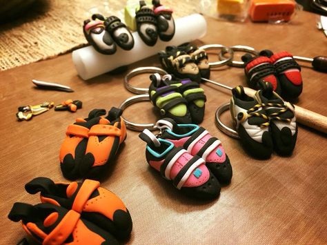 Rock climbing shoe keychains in progress from www.etsy.com/shop/HeelHooks Polymer Clay Rock Climbing, Rock Climbing Keychain, Climbing Jewelry, Shoe Keychains, Rock Climbing Workout, Rock Climbing Training, Rock Climbing Gifts, Climbing Outfits, Climbing Girl