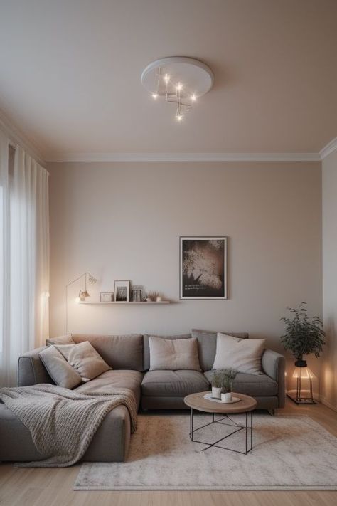 White And Brown Interior Design Living Rooms, Ash Grey Living Room Ideas, Grey With Brown Living Room, Beige Carpet Grey Sofa, Grey Sofa Beige Walls, Gray Beige Living Room, Cream And Grey Living Room, Minimalist Cozy Living Room, Grey And Cream Living Room