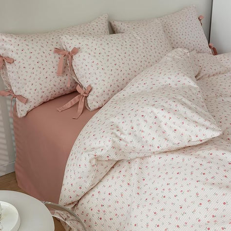 Room Decor Amazon, Pink Bed Sheets, Aesthetic Bedding, Coquette Closet, Floral Print Bedding, Pink Bed, Duvet Cover Queen, Sewing Furniture, Floral Bow Tie