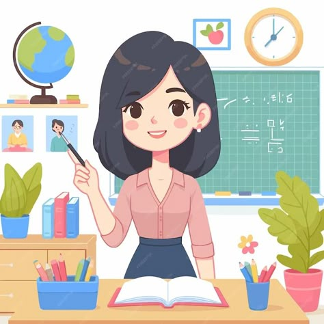 Premium Vector | A drawing of a woman in a classroom with a book titled the teacher Teacher Aesthetic Drawing, Classroom Drawing Easy, Teacher Drawing Cartoon, Teacher Drawing Easy, Ohuhu Art, Job Drawing, Teacher Background, Classroom Drawing, Teacher Drawing