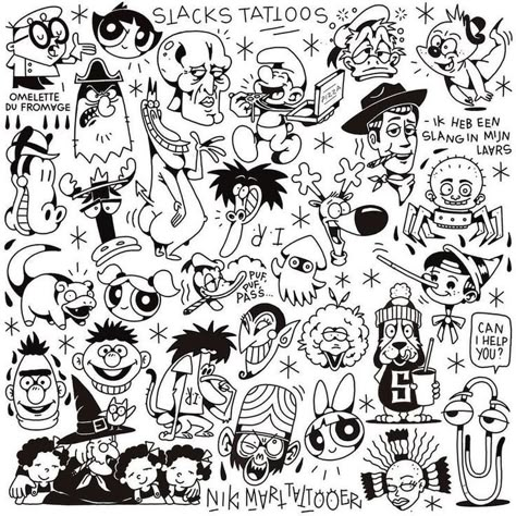 Flash Art Tattoos, Tato Minimal, Kunst Tattoos, Cartoon Character Tattoos, Flash Tattoo Designs, Doodle Tattoo, Tattoo Flash Sheet, 90s Cartoon, Cartoon Tattoos