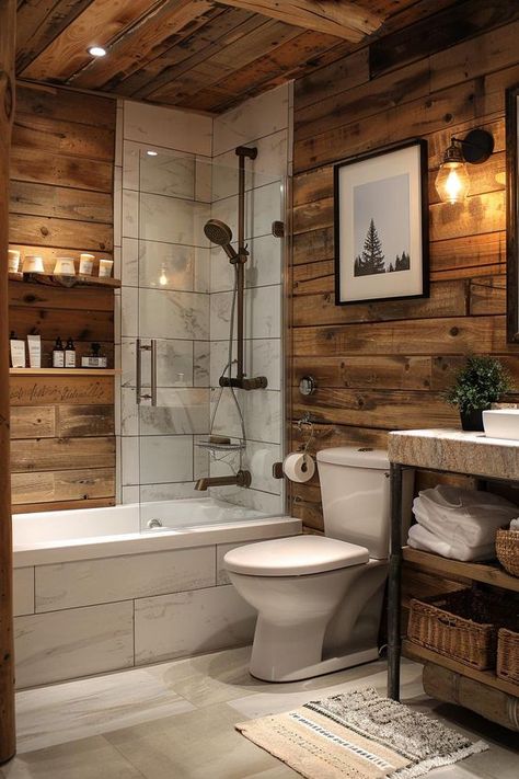 Tiny Rustic Bathroom Ideas, Bathroom Wall Ideas Wood, Cedar Wall Bathroom, Interior Cabin Walls Ideas, Rustic Mountain Bathroom, 6x10 Bathroom Layout, Knotty Pine Bathroom, Rustic Guest Bathroom, Rustic Farmhouse Ideas