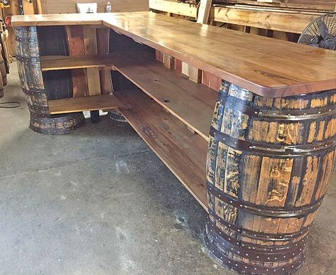 Bar With Whiskey Barrels, Home Bourbon Bar Ideas, Bourbon Bar Ideas, Whiskey Barrel Ideas, Rustic Bars, Backyard Bars, Bourbon Barrel Bar, Rustic Outdoor Bar, Rustic Basement Bar