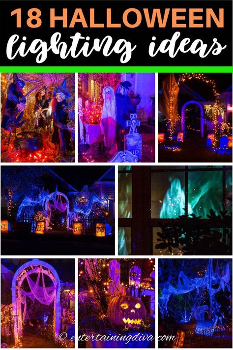 Front Porch Halloween Ideas, Front Yard Halloween, Outdoor Halloween Decor Ideas, Halloween Lighting Outdoor, Halloween Haunted House Decorations, Indoor Halloween Decor, Halloween Lighting, Hallowen Party, Outdoor Halloween Decor