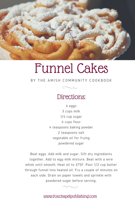 Funnel Cake Recipe, Light Dessert, Funnel Cakes, Amish Community, Country Recipes, Holiday Drink, Fair Food, Pudding Desserts, Funnel Cake