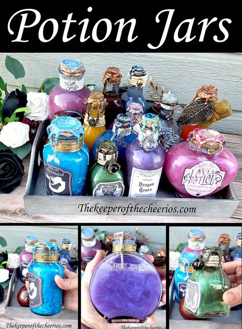 potion-jar Potion Bottle Decorations, Apothecary Potions Diy, Diy Kids Potion Kit, Magical Potions Recipe, Potion Kits For Kids Diy, Potion Bottle Recipe, Potions Halloween Decor, Poison Potion Bottle, Shimmery Potion Diy