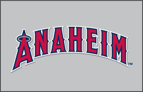 Anaheim Angels Wordmark Logo (2002) - (Road) Anaheim in red with multicolored outlines on grey Anaheim Angels Baseball, Mlb Uniforms, Anaheim Ducks Hockey, Ducks Hockey, Baseball Wallpaper, Mlb Wallpaper, Football Shirt Designs, Anaheim Angels, Angels Baseball