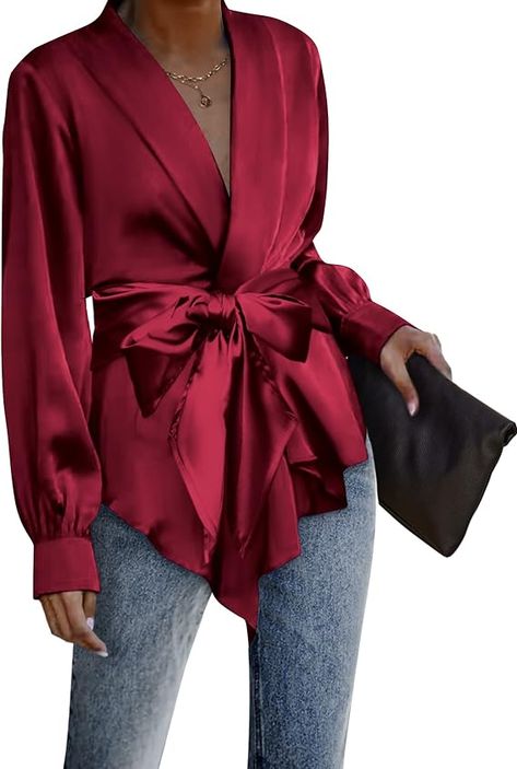 Satin Tops Blouses, Silk Blouse Outfit, Silk Shirt Outfit, Satin Wrap Top, Classy Blouses, Satin Shirts, Draped Cardigan, Satin Shirt Dress, Classy Lady