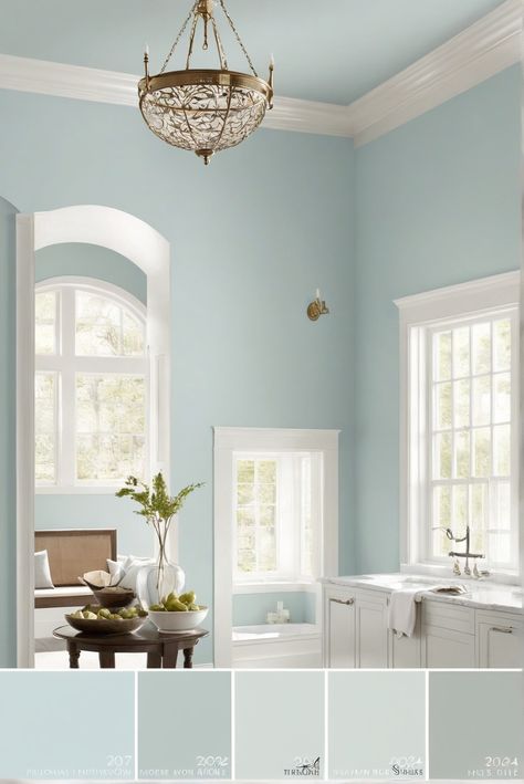 Palladian Blue, Benjamin Moore, serene spaces, interior design Turquoise Mist Benjamin Moore, White Heaven Benjamin Moore, Coastal Blue Bedroom Paint, Benjamin Moore Tranquil Blue, Aqua Home Decor, Bm Summer Shower Paint, Benjamin Moore Polar Sky, Pale Aqua Paint Colors, Seafoam Benjamin Moore