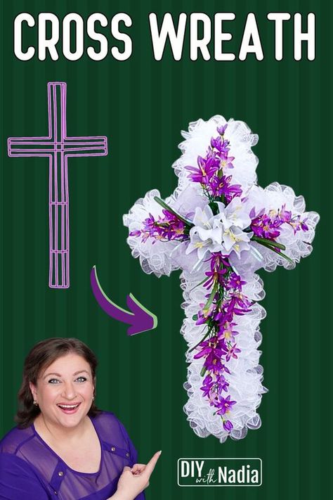 Deco Mesh Easter Cross Wreath Woodland Method | Dollar Tree Step by Step Wreath DIY Tutorial Step By Step Wreath, Butterfly Wreath Diy, Easter Cross Wreath, Cross Wreath Diy, Burlap Wreath Tutorial, Mesh Ribbon Wreaths, Deco Mesh Wreaths Tutorials, Deco Mesh Wreaths Diy, Homemade Wreaths