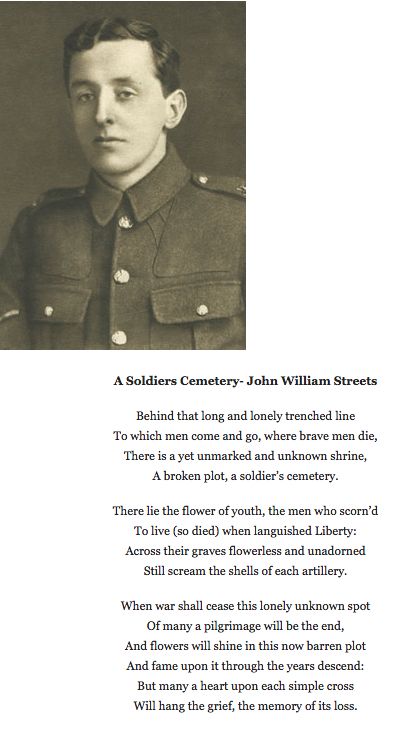 WW1, 1916. John Williams Streets worked in the local Whitwell coal mine to support the large Streets family from age 14 to 28, and after his shift he studied classics and French. Although he hated the idea of war he signed up in Aug 1914 in the Sheffield City Battalion. On the first day of the Somme he was wounded and missing. His body lay unrecovered in No Man's Land until 1917 when the fighting moved across the area again. In May 1917 a collection of his war poems were published posthumously. Ww1 Poetry, Soldier Poem, Dulce Et Decorum Est, Ww1 Soldiers, Sheffield City, Lost Generation, No Man's Land, Literature Humor, Honoring Veterans