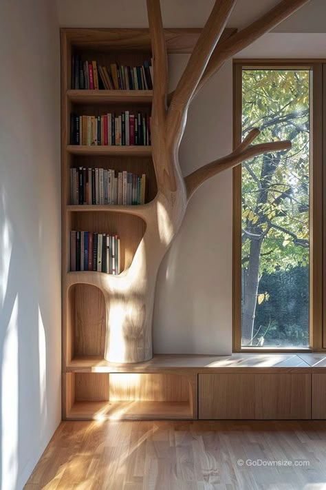 Wooden Wall Book Shelves, Tree Corner Bookshelf, Tree Bookshelf Corner, Unique Bookcases Creative Bookshelves, How To Display Books Without A Bookshelf, Corner Bookshelf Diy, Diy Home Design, Small Space Bookshelf, Corner Tree Bookshelf