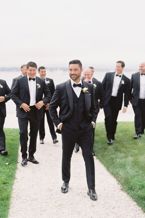 Groomsmen Attire Black Tuxedos, Black Tuxedo Groom And Groomsmen, Black Groomsmen Tuxedos, Black Tux With Vest, Groom And Groomsmen Attire Black Tuxedos, Black Tux Wedding Groomsmen, Tux Groom And Groomsmen, Wedding Party Black Suits, Groom Suit Black Tuxedos