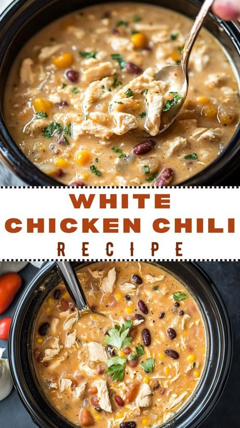 Warm up with this tasty White Chicken Chili! This easy recipe combines tender chicken, creamy white beans, and zesty spices for a flavorful and satisfying meal. Perfect for cozy nights or family gatherings. Enjoy it with toppings like cheese and cilantro! White Bean Chili Chicken Crockpot, Soup Recipes White Chicken Chili, White Chilli Chicken Recipe Instapot, White Chicken Chili With Beans, Rotisserie Chicken Chili Real Simple, White Chicken Chili With Black Beans, Quick White Chicken Chili, Stove Top Chicken Chili, Rotisserie Chicken White Chili