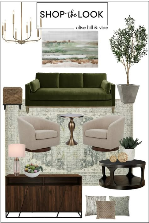 Green Color Palette Living Room, Green Sofa Decor, Olive Living Rooms, Green Couch Living Room, Sage Green Living Room, Green Sofa Living Room, Green Living Room Decor, Earthy Living Room, Living Room Decor Inspiration