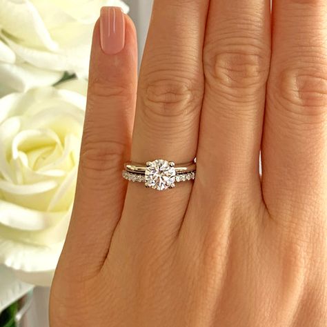 1.5 ct 4 Prong Stacking Solitaire Bridal Set – Tiger Gems Engagement Rings Plus Wedding Band, Platinum Wedding Ring Sets, Round Wedding Band Set, Round Solitaire Engagement Ring With Band Wedding Set, Wedding Bands For Circle Engagement Ring, Wedding Bands For Round Solitaire, Stackable Wedding Rings With Solitaire, Stacked Wedding Rings With Solitaire, Wedding Bands With Round Engagement Ring