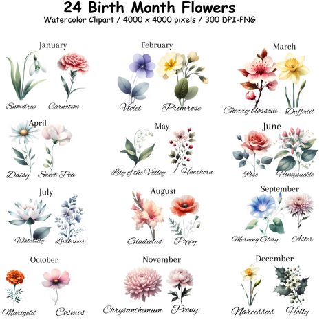 Four Birth Flower Tattoos, Birth Month Flowers In Color, Flowers For Birth Month, Month Flowers Birthday, Birth Month Flower Chart, July Month Flower, Birth Flowers By Month, Birth Flower By Month, Birth Flower Chart