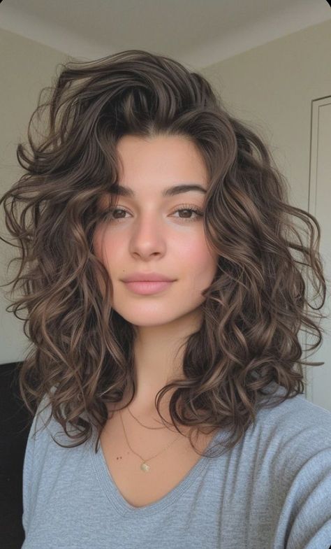 Hairstyles For Mid Length Wavy Hair, Cool Toned Brown Curly Hair, Collar Bone Length Curly Hair Natural, Medium Length Haircut Full Face, Medium Length Haircut Wavy Hair Layers, Medium Fine Curly Haircuts, Medium 2b Haircut, Perm Round Face, Round Wavy Haircut