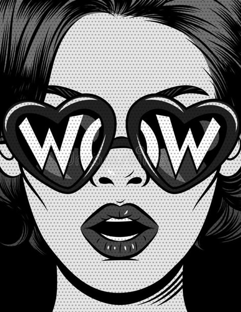 Black And White Illustration In Comic Pop Art Style. The Girl In Glasses In The Shape Of A Heart With An Inscription Wow. T Stock Illustration - Illustration of head, frame: 139527422 Girl In Glasses, Pop Art Comic Girl, Girl Black And White, Comic Pop Art, Pop Art Drawing, Pop Art Girl, Vintage Pop Art, Pop Art Canvas, Pop Art Illustration