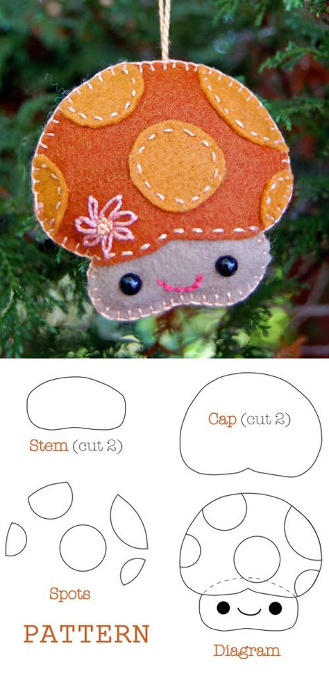 Felt Sewing Tutorial, Felt Craft Templates Free Printable, Winter Felt Ornaments, Felt Stuffies Patterns Free, Felt Mushroom Pattern Free, Easy Felt Patterns, Free Patterns For Felt Christmas Ornaments Templates, Felt Ornament Templates, Felt Plushie Patterns Free Templates