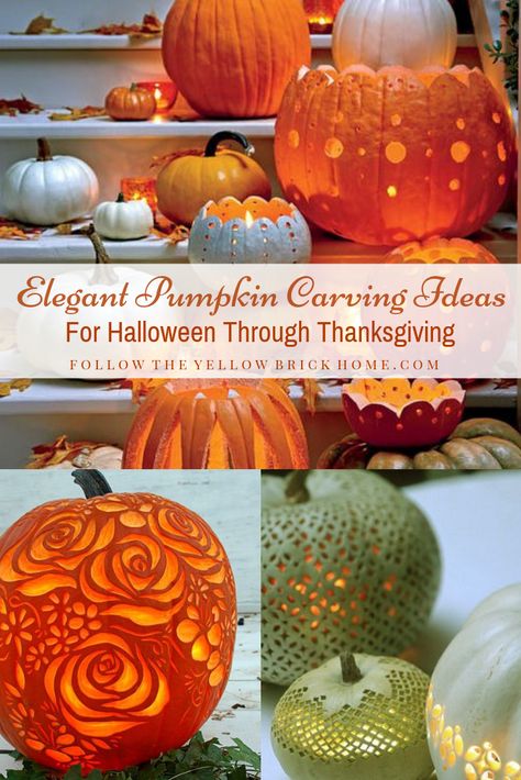 Elegant pumpkin carving ideas that can be used all fall long. Great for Halloween or Thanksgiving Pumkin Decoration Ideas Turkey, Elegant Pumpkin Carving, Wedding Pumpkin Carving, Pumpkin Carving Ideas Pretty, Pretty Pumpkin Carving Ideas, Pumpkin Carving Faces Easy, Thanksgiving Pumpkin Decorating, Thanksgiving Pumpkin Carving, Cool Pumpkin Designs