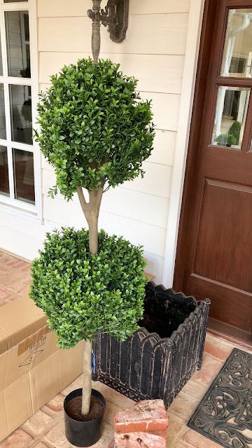 My favorite faux topiary for Outside - Eleven Gables Porch Topiary, Boxwood Planters, Faux Outdoor Plants, Porch Planter Ideas, Faux Topiary, Front Door Plants, Front Door Planters, Front Porch Plants, Front Porch Door