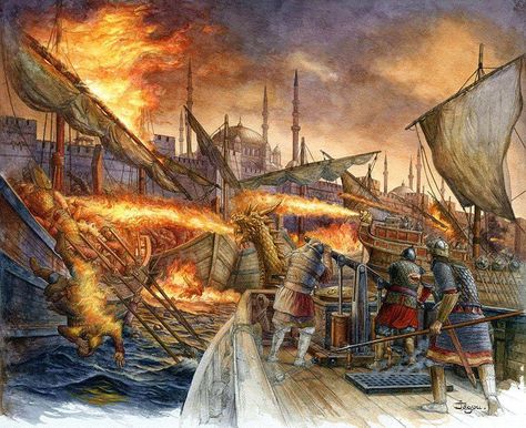 greek fire Siege Of Constantinople, Battle Of Actium, Byzantine Army, Knight Templar, Eastern Roman, Rome Antique, Empire Romain, Ancient Warfare, Ancient Technology