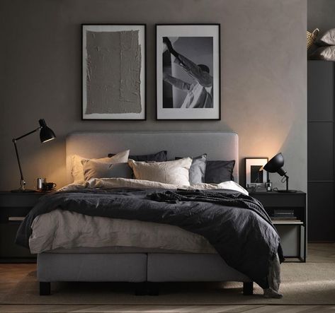 Bedroom Inspiration Grey, Mens Bedroom Decor, Black Bedroom Design, Masculine Bedroom, Black Bedroom Furniture, Mens Bedroom, Dekorasi Kamar Tidur, Black Bedroom, Grey Bedroom