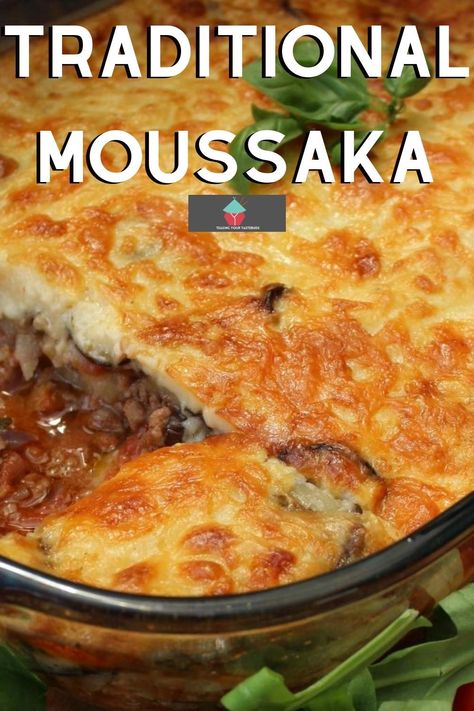 Traditional moussaka is a classic Greek baked casserole, with layers of seasoned ground meat, potatoes, and eggplant, topped off with a creamy cheese bechamel sauce. Recipe For Moussaka, Greek Eggplant Moussaka, Mousacca Recipe, Authentic Moussaka Recipe, Eggplant Recipes Moussaka, Musaka Recipe Vegetarian, Greek Main Dishes Meat, Greek Lasagna Moussaka, Mousaka Recipe Easy