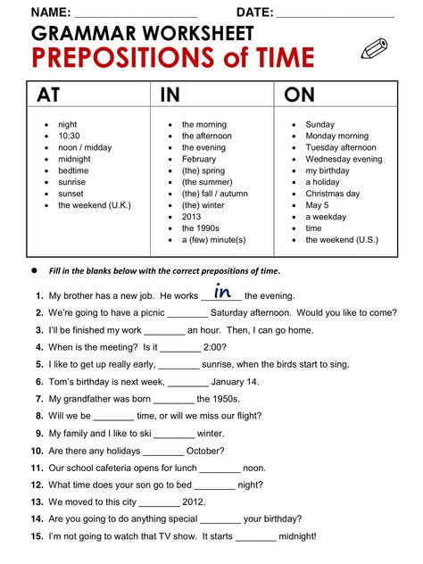 Fun English Grammar Worksheet Prepositions of Time | Educative Printable Class 9 English Grammar, Verb Preposition Worksheet, Preposition Activities Worksheets, In On At Prepositions Worksheet, Grade 3 Grammar Worksheets, At On In Worksheet, Grammar Exercises Worksheets, Worksheet On Preposition, Worksheet Of Preposition