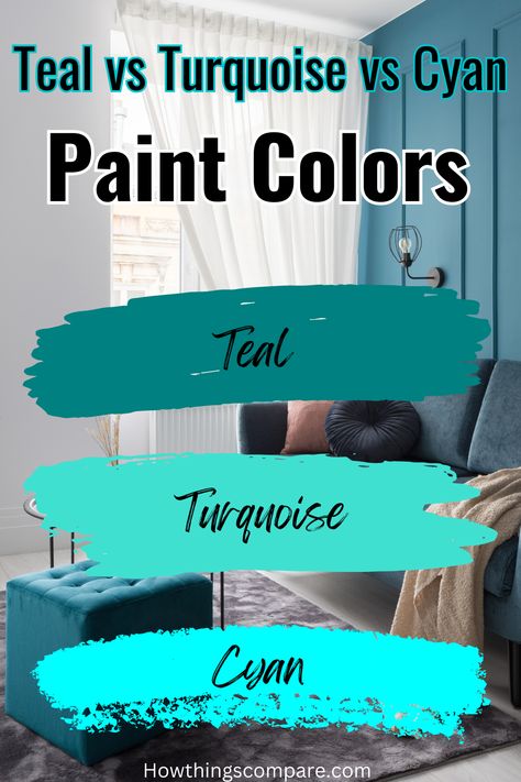 Teal vs Turquoise vs Cyan: Paint Colors Compared In this article, you will learn about teal, turquoise, and cyan colors including a side-by-side comparison. If you are considering either of these colors, the following information will help you make the right decision. teal paint color | turquoise paint color | cyan paint color Teal Turquoise Living Room, Living Room Turquoise Accents, Cyan Paint Color, How To Mix Teal Color, Cyan Bedroom Ideas, Turquoise Palette Colour Schemes, Teal Paint Colors For Bedroom, How To Make Teal Color, How To Make Teal Paint