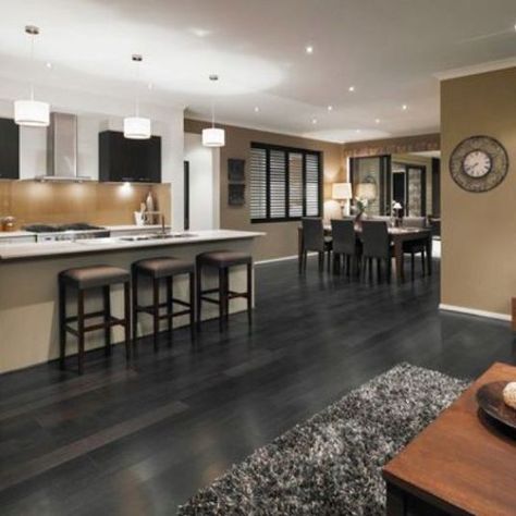 I like the gray, black, white and tan scheme going on here. Grey Kitchen Colors, Grey Hardwood Floors, Grey Hardwood, Kitchen Window Sill, Open Kitchen And Living Room, Grey Wood Floors, Light Wood Floors, Dark Wood Floors, Style Cottage