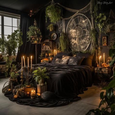 Boho Goth Beep Boop Art Boho Punk Bedroom, Emo Boho Bedroom, Goth Camper Interior, Goth Bohemian Decor, Goth Hippie Room, Dark Boho Bedroom Aesthetic, Green Gothic Bedroom, Boho Gothic Bedroom, Cottage Goth Aesthetic