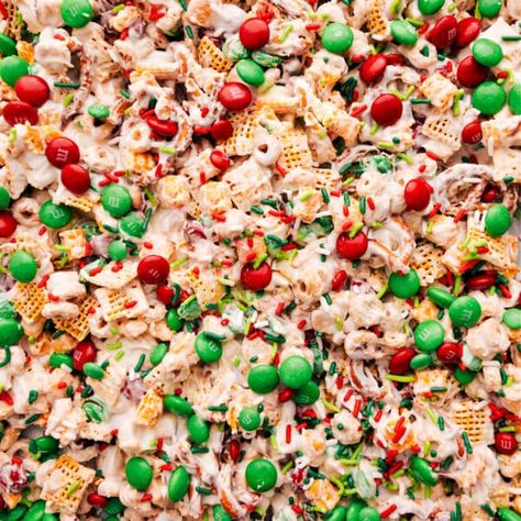 Christmas Snack Mix - Chelsea's Messy Apron Christmas Mix With White Chocolate, Chex Mix White Chocolate Christmas, Smores Cereal Treats, Christmas Treats With Chex Cereal, Chex Mix With White Choc, White Chocolate Mix Christmas, Christmas Cereal Treats Holiday Snacks, Christmas Desserts With Pretzels, M&m Chex Mix Recipes