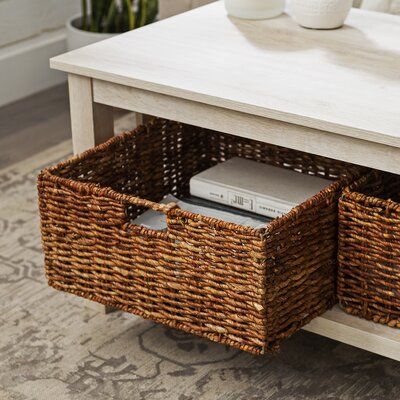 Under Coffee Table Storage, Coffee Table With Baskets, Coffee Table Storage, Basket Drawers, Coffee Table White, Table With Storage, Beach Living, Oak Color, Coffee Table With Storage