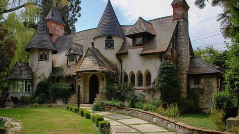 Storybook Style Homes - Annilee B Waterman Design Storybook Tudor Cottage, House Plans With Turret, Storybook Farmhouse, Storybook Mansion, Whimsical House Exterior, Storybook Style Homes, Small Castle House Plans, Storybook Tudor, Storybook Homes Plans