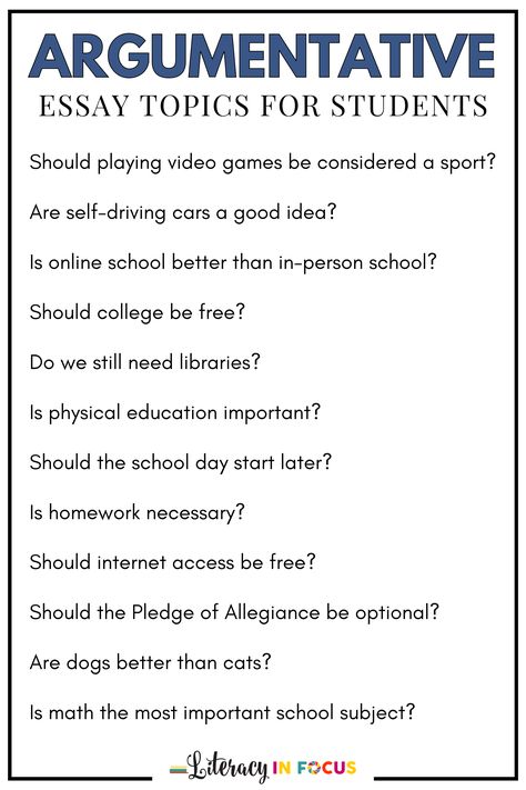 This list of engaging and relevant argumentative essay topic ideas is perfect for students in upper elementary and middle school. Add them to your argument writing unit! Students will love the variety of high-interest ideas. 20 argumentative essay topics for 5th to 8th grade students are included. Click to see all 20 topics today or save this pin for later! #argument #writing Good Argument Topics, High School Argumentative Essay, Essay Prompts Middle School, Topics For Argumentative Essays, Essay Topics Ideas High Schools, Argumentative Essay Examples Student, Argument Essay Topics, Essay Topics For Middle School, Interesting Essay Topics