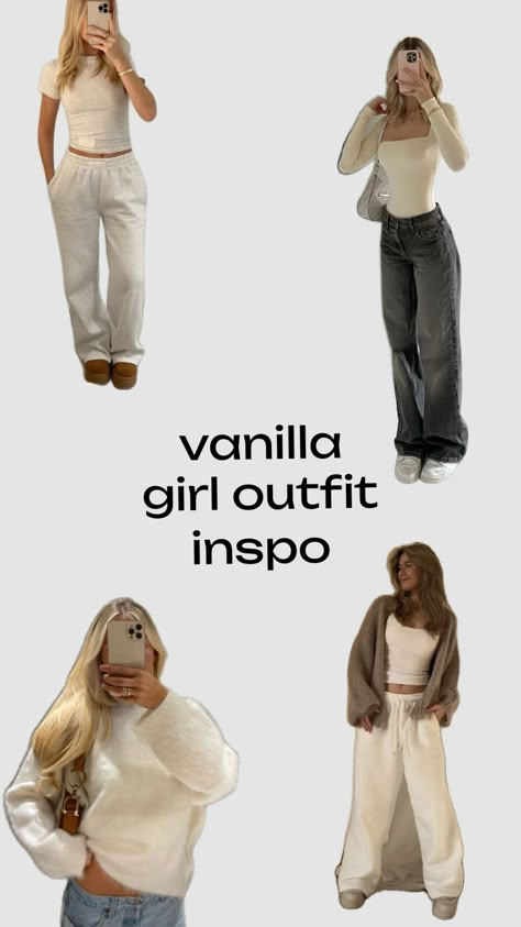 #vanillagirl #outfit inspo #vanilla #cleangirl Winter Vanilla Girl Outfits, Vannila Girl Clothes, Vanilla Girl Aesthetic Outfits Winter, Outfit Inspo Vanilla Girl, Clean Girl Clothes Aesthetic, Cute Vanilla Girl Outfits, Clean Girl Astethic Outfit, Vanilla Girl Wardrobe, Vanilla Girl School Outfits