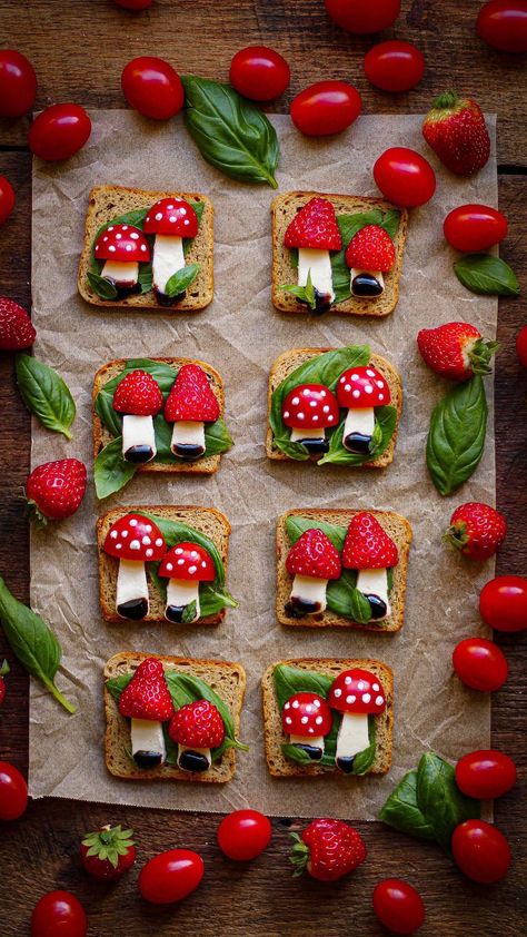 Must Love Herbs - Lauren May | Mushroom Caprese, but make it toast! Let’s spring forward with some happy little appetizers! Perfect for those spring gatherings - Think… | Instagram Mushroom Themed Treats, Salty Christmas Food, Train Snack Ideas, Easy Cute Appetizers, Fun Kids Party Food, Icing Mushrooms, Lord Of The Rings Snacks, Gnome Treats, Mushroom Caprese