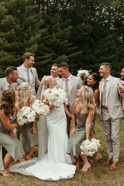 Groomsmen Attire With Bridesmaids, Tan Tuxedo Wedding Sage Green, Wedding Suit Colors, Satin Dresses Wedding, Green Satin Dresses, Sage Green And Champagne Wedding, Spring Bridal Party, Neutral Wedding Party, Up North Cabin