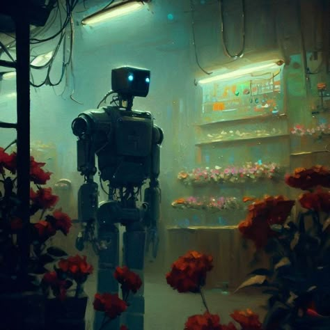 a painting of a cyborg in a flower shop , concept art by Simon Stalenhag, featured on tumblr, neo-primitivism, dystopian art, art on instagram, concept art Dystopian Robot Concept Art, Dystopian Society Art, Robot Apocalypse Concept Art, Dystopia Concept Art, Dystopian Painting, Dystopian Concept Art, Flower Shop Concept, Dystopian Character Design, Dystopia Aesthetic