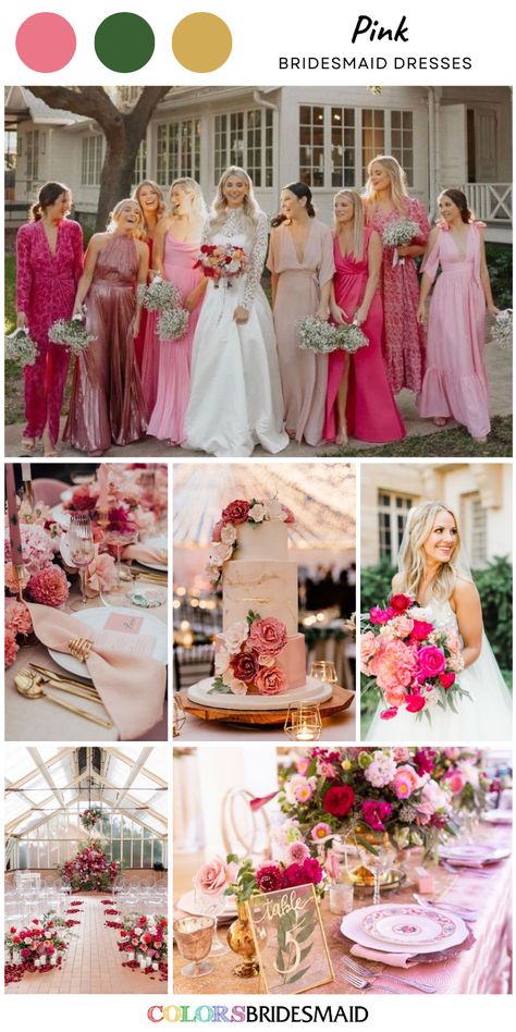 Hot pink bridesmaid dresses on sale under $100, in 600+ custom-made styles and all sizes, white bridal gown, different shades of pink flower bouquet, wedding centerpieces, wedding cake décor and wedding aisle décor. #colsbm #bridesmaids #bridesmaiddresses #weddingideas #pinkwedding #hotpinkwedding #weddingcake #bouquet #weddingaisle #weddingtablecloth #weddingcenterpieces #hotpinkdress b2278 Pink Wedding Colour Schemes, Hot Pink And Gold Wedding Theme, Shades Of Pink Bridal Party, Hot Pink Wedding Color Palette, Shades Of Pink Bridal Bouquet, Pink Wedding Bridal Party, Wedding With Pink Color Schemes, Shades Of Pink Wedding Decor, Pink Wedding Shoes Brides