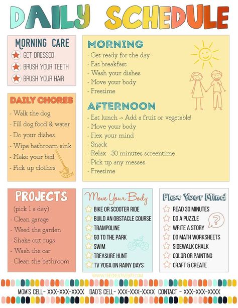 Summer Daily Chores For Kids, Diy Schedule Board Daily Routines, Kids Summer Cleaning Schedule, Summer Break Routine For Kids, Summer Activity Schedule For Kids, How To Make A Daily Routine Chart, Summer Daily Schedule For Kids At Home, Mom Chore Chart Daily Routines, Parent Schedule Daily Routines