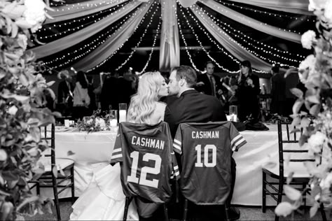 Wedding Football Ideas, Sports Themed Engagement Photos, Football Themed Engagement Photos, Football Save The Date Ideas, Game Day Wedding Photos, Wedding Jerseys, Football Wedding Ideas, Football Engagement Pictures, College Decorations