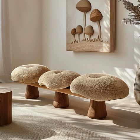 It’s autumn 🍂 so I thought to introduce mushroom -inspired benches that they might capture our hearts just like the previous beloved mushrooms stools! 🍄✨ These bench designs tailor-made pieces feature upholstered cushions in rich, autumnal patterns and hues, bringing the cozy essence of fall into our home. The organic, wood-carved bases complement the textured fabric, making it a harmonious blend of nature and comfort. Ideal for adding a touch of the outdoors inside, these bench designs c... Organic Materials Design, Mushroom Couch, Mushroom Sofa, Nature Inspired Furniture, Mushroom Furniture, Mushroom Stool, Bench Design, Outdoors Inside, Furniture Details Design