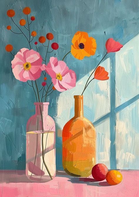 Rendering Art Style, One Color Illustration, Illustration Vase, Cheerful Painting, Vase Illustration, Cheerful Art, Paintings Flowers, Naïve Artist, Pastels Art